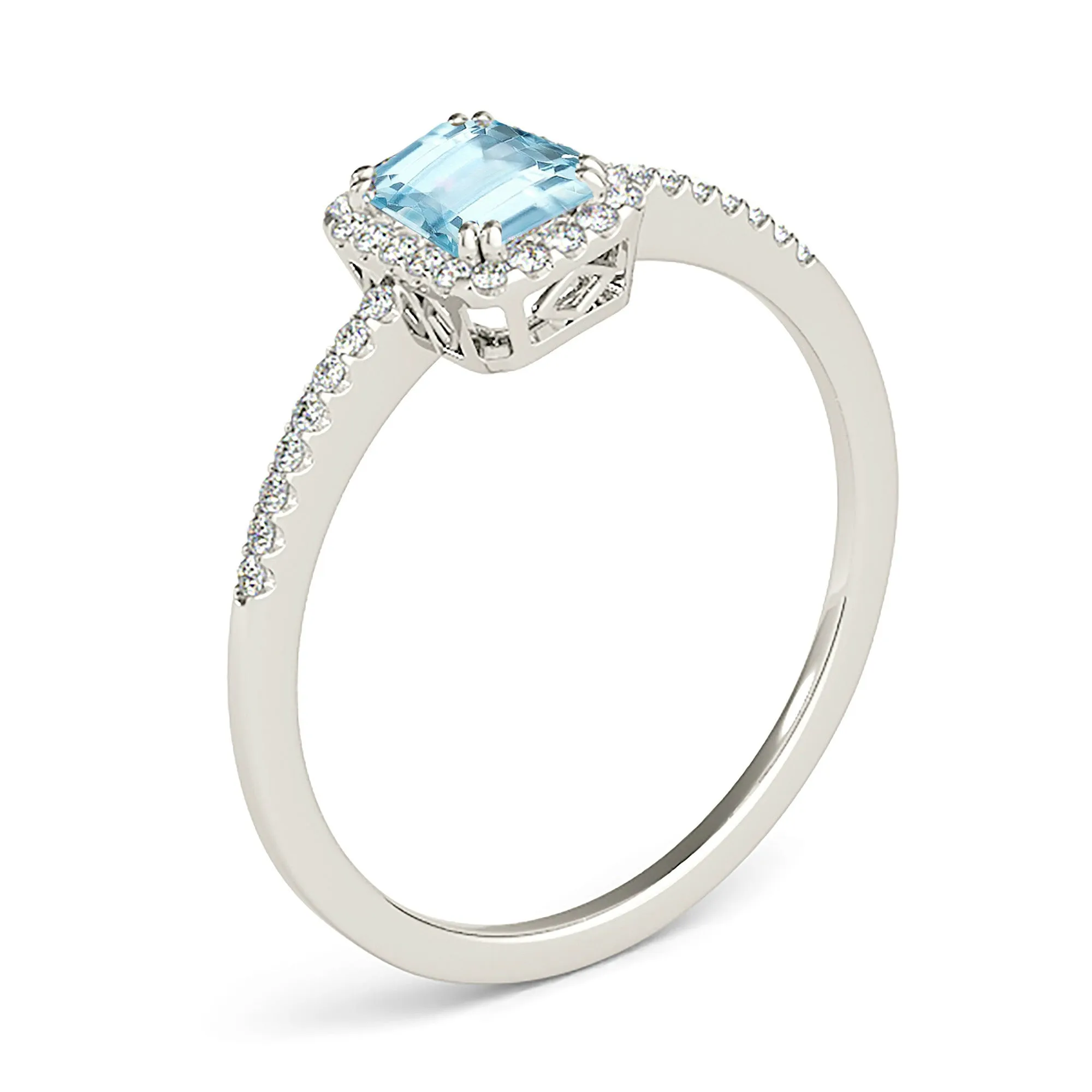 0.65 ct. Genuine Emerald Cut Aquamarine Ring With Halo