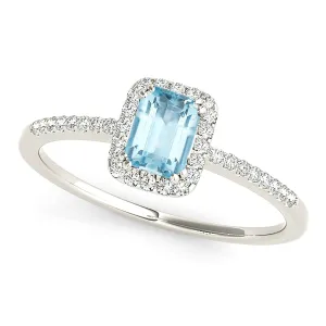0.65 ct. Genuine Emerald Cut Aquamarine Ring With Halo