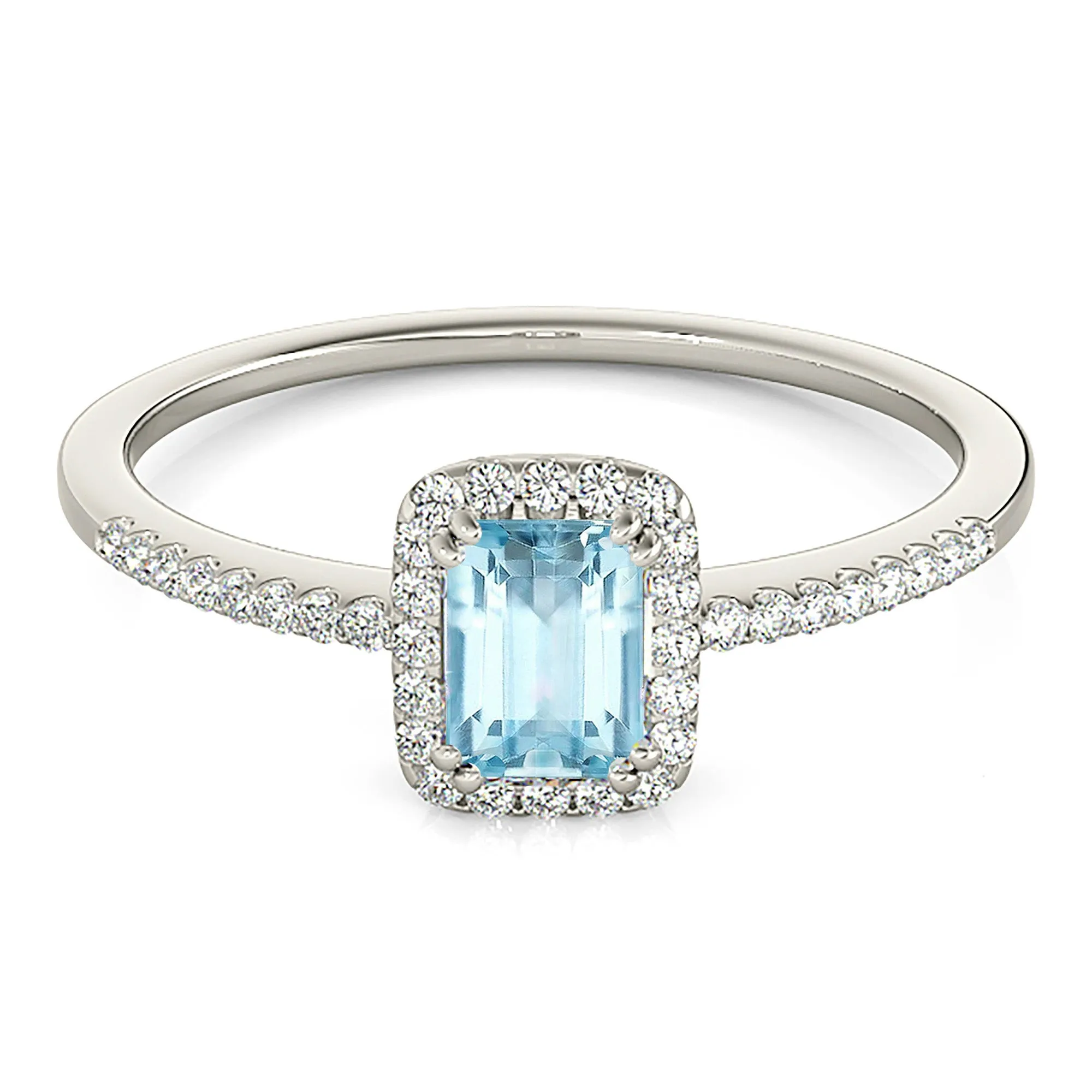 0.65 ct. Genuine Emerald Cut Aquamarine Ring With Halo