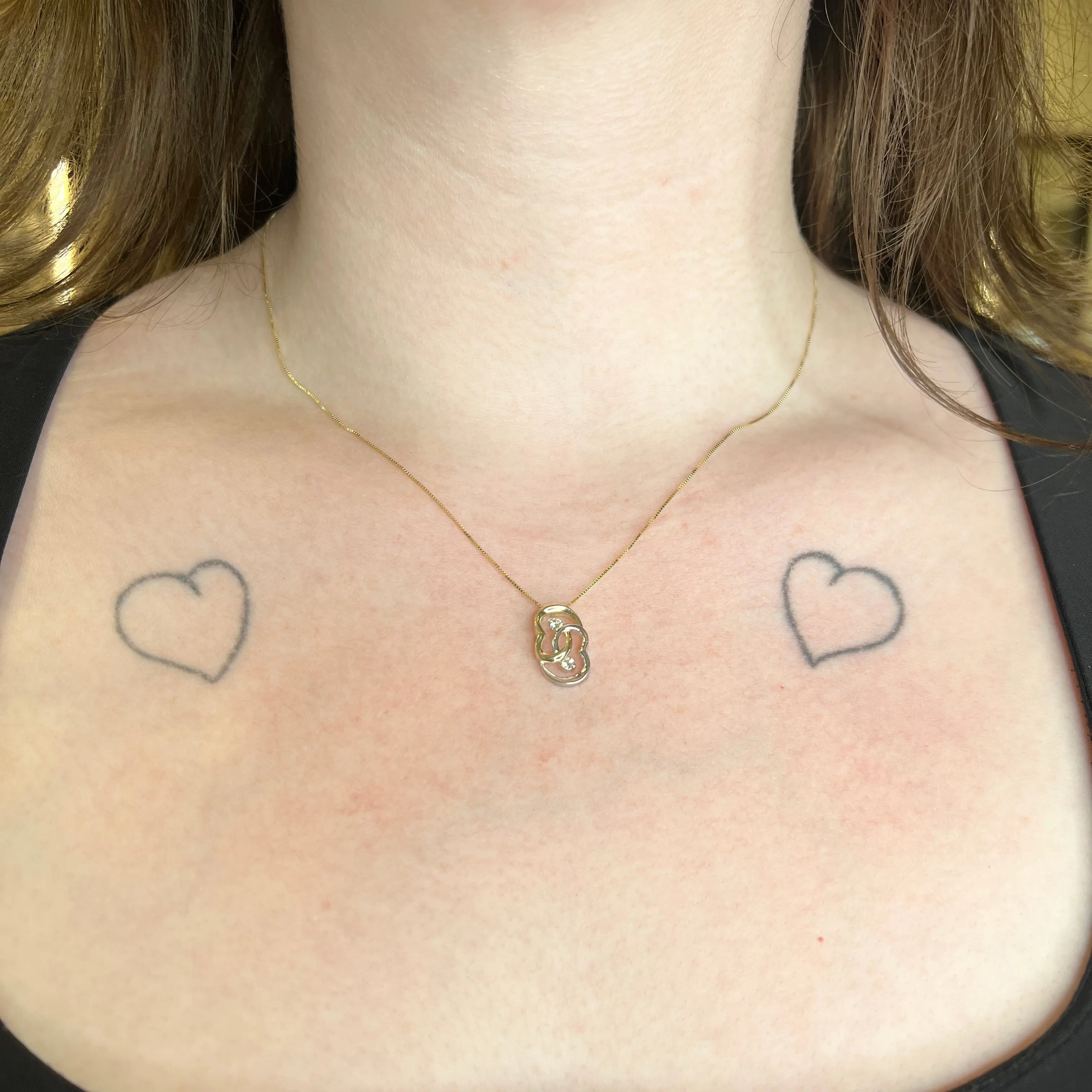 10K Yellow and  White Gold (0.10ct) Diamond Double Heart Pendant