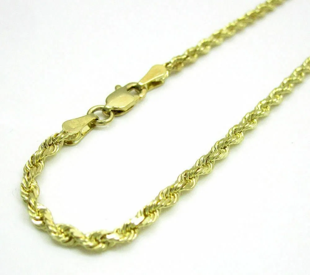 10K Yellow Gold 2MM Solid Diamond 8 inches Cut Rope Chain Bracelet