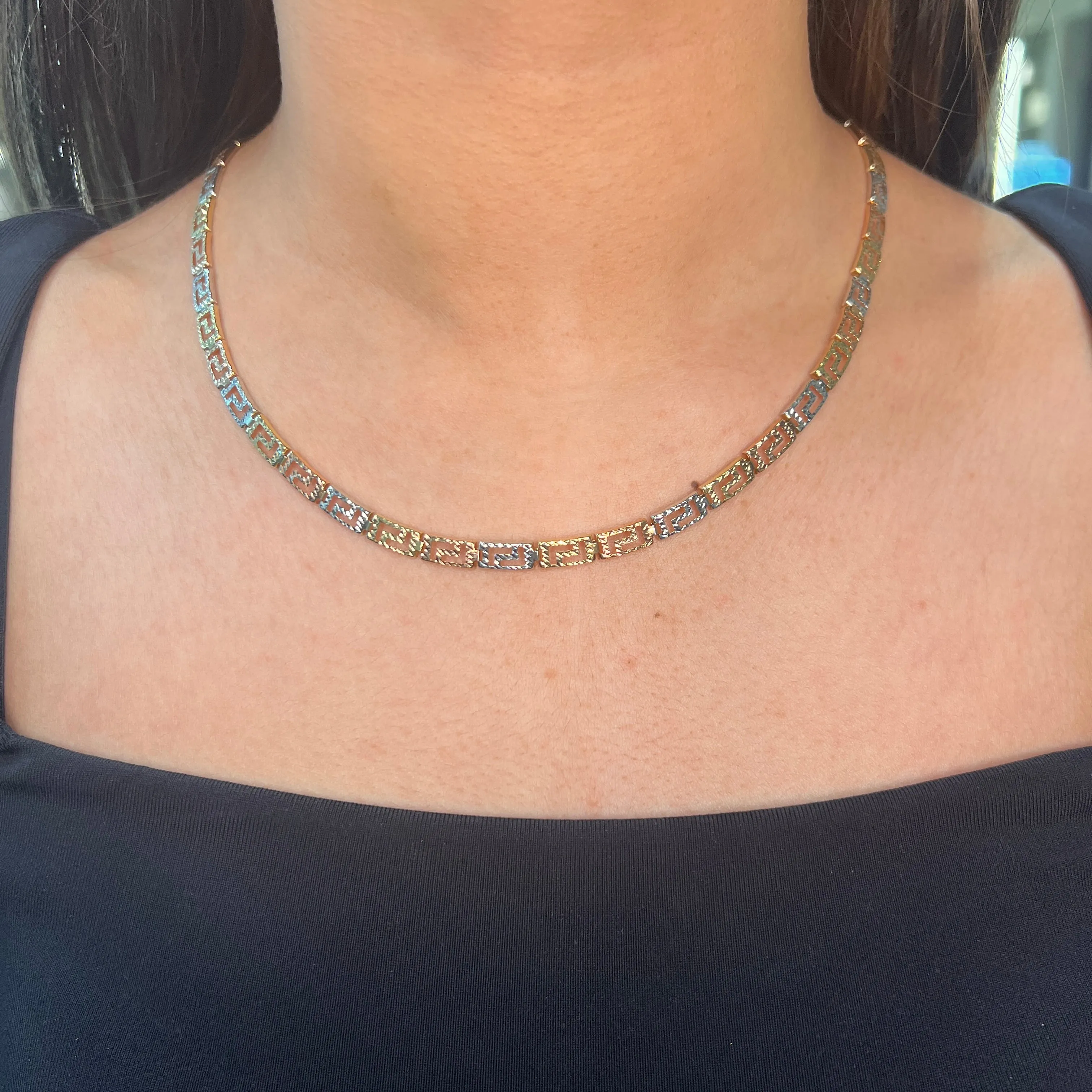 10K Yellow, Rose and White Gold (5mm) Diamond Cut Greek Key Necklace