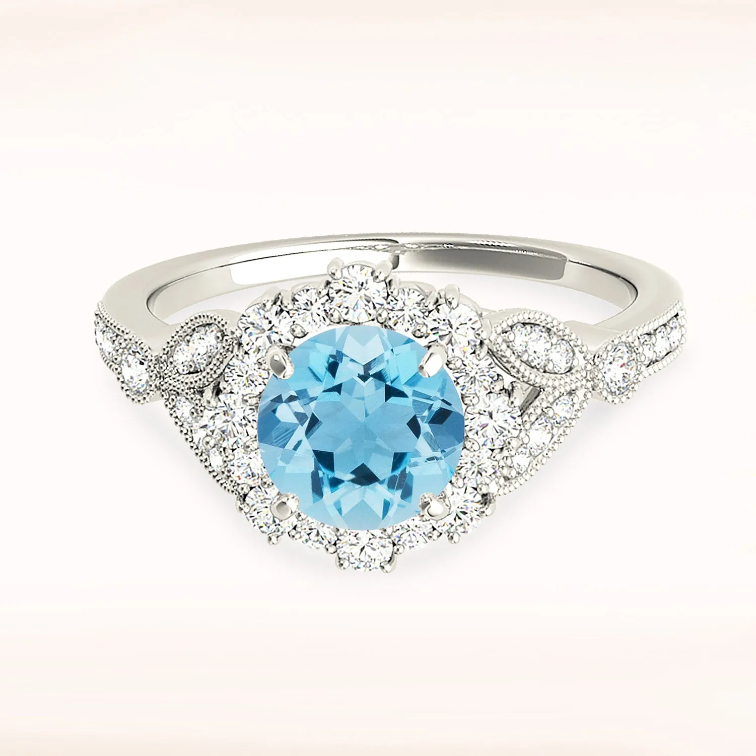 1.10 ct. Genuine Aquamarine Ring With Flower Halo, Milgrain Diamond Band