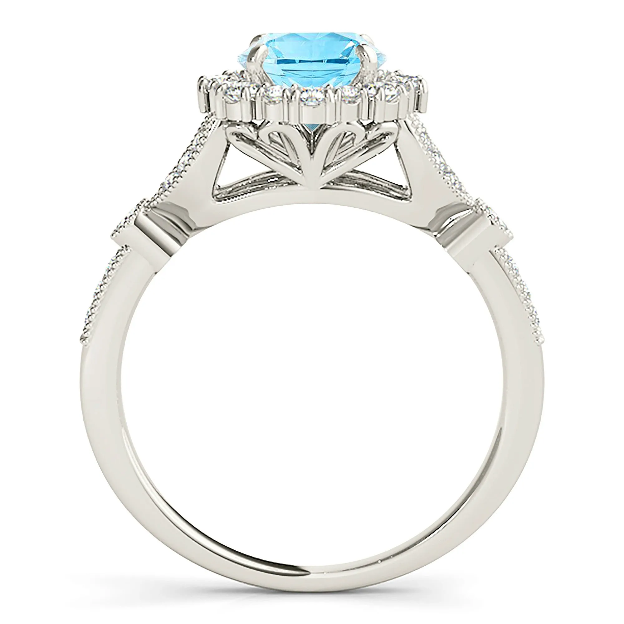 1.10 ct. Genuine Aquamarine Ring With Flower Halo, Milgrain Diamond Band