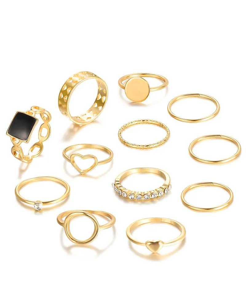 12pcs Stackable Hollow Geometric Heart Rhinestone Rings Set