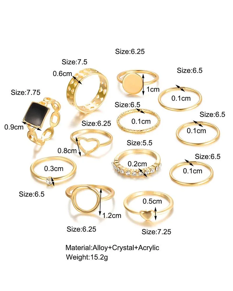 12pcs Stackable Hollow Geometric Heart Rhinestone Rings Set