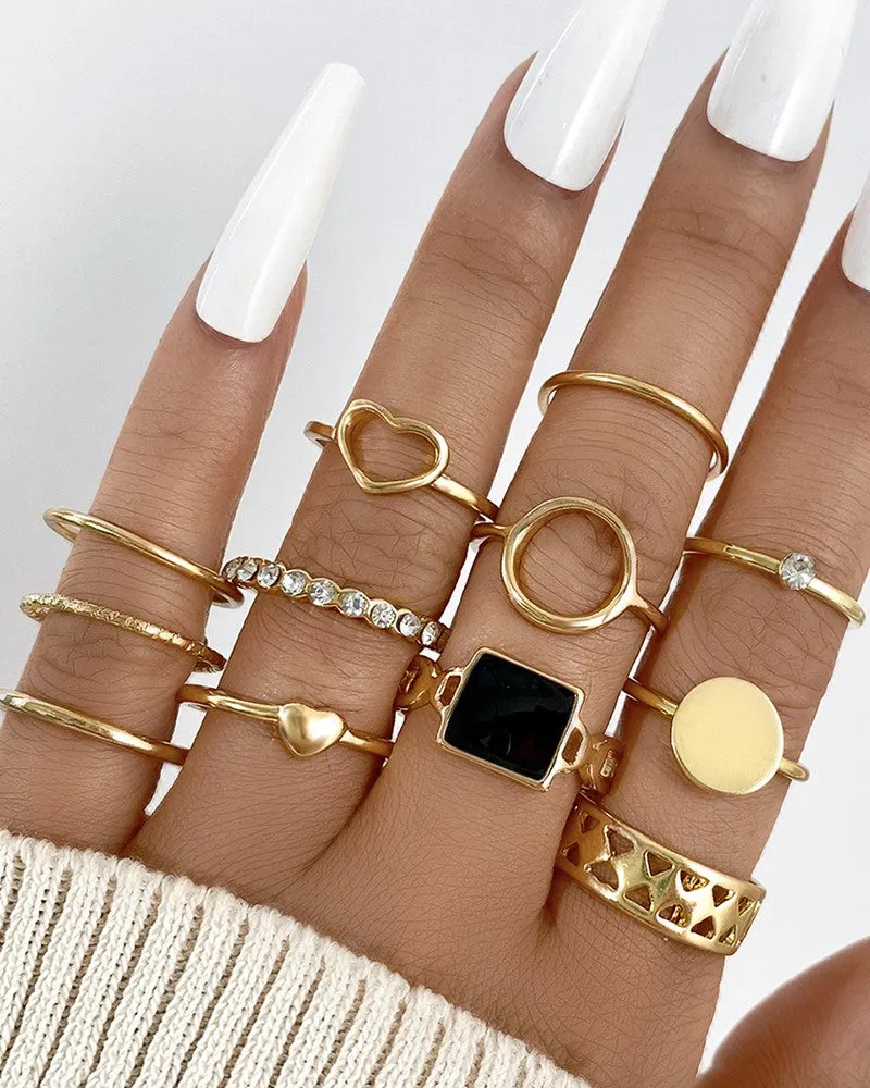 12pcs Stackable Hollow Geometric Heart Rhinestone Rings Set