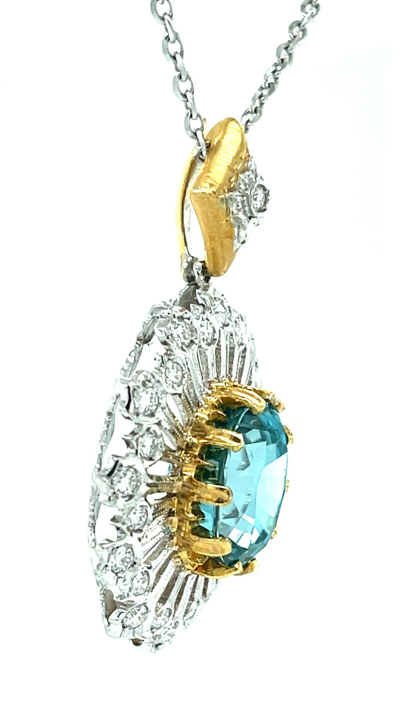 13.12 Carat Blue Zircon and Diamond 18k White and Yellow Gold Pendant Necklace