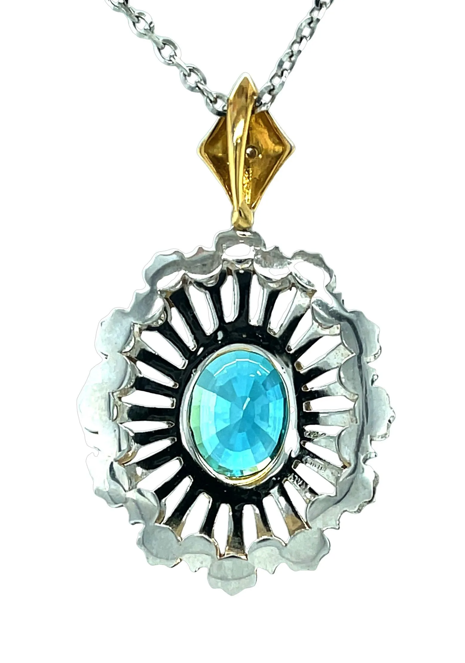 13.12 Carat Blue Zircon and Diamond 18k White and Yellow Gold Pendant Necklace