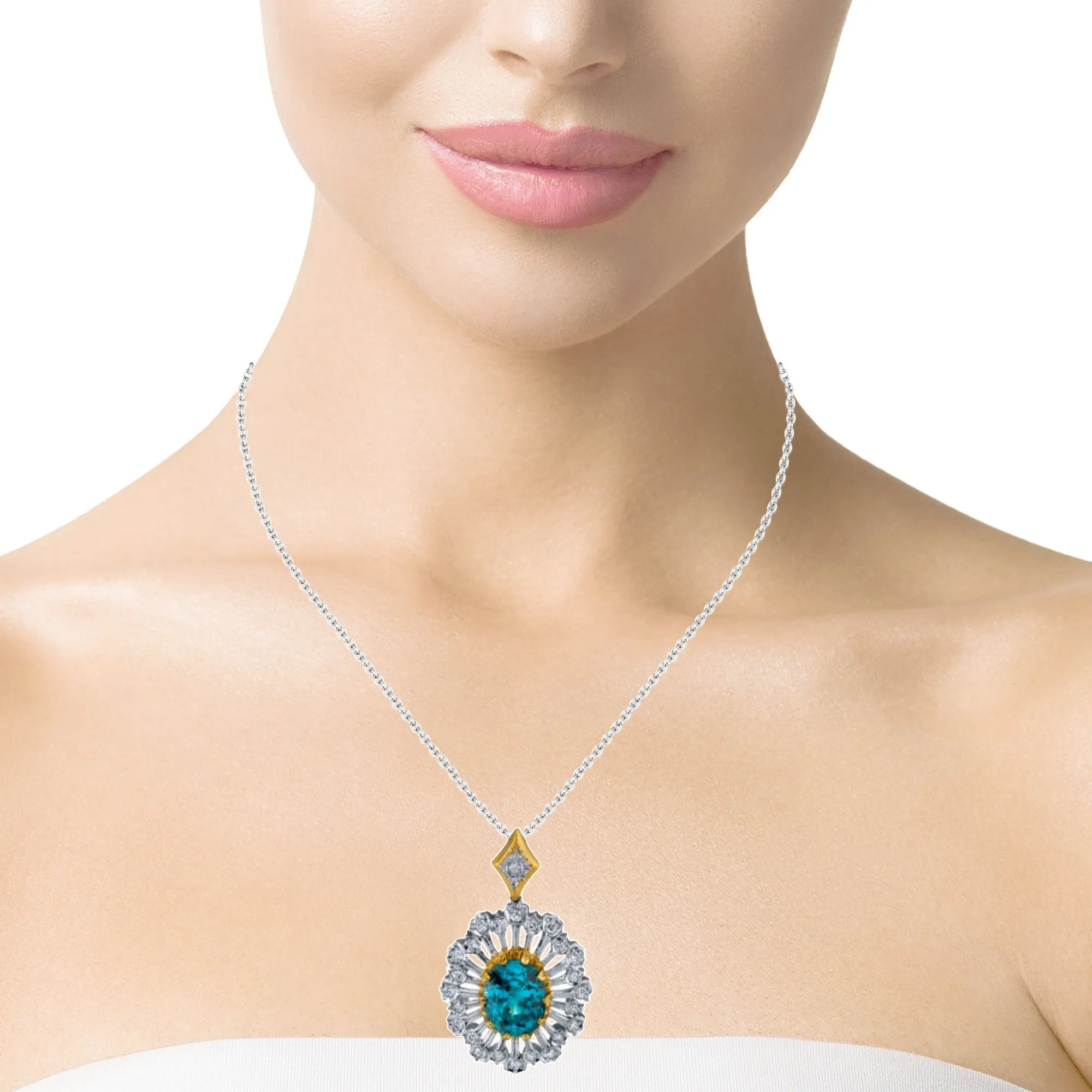 13.12 Carat Blue Zircon and Diamond 18k White and Yellow Gold Pendant Necklace