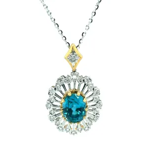 13.12 Carat Blue Zircon and Diamond 18k White and Yellow Gold Pendant Necklace