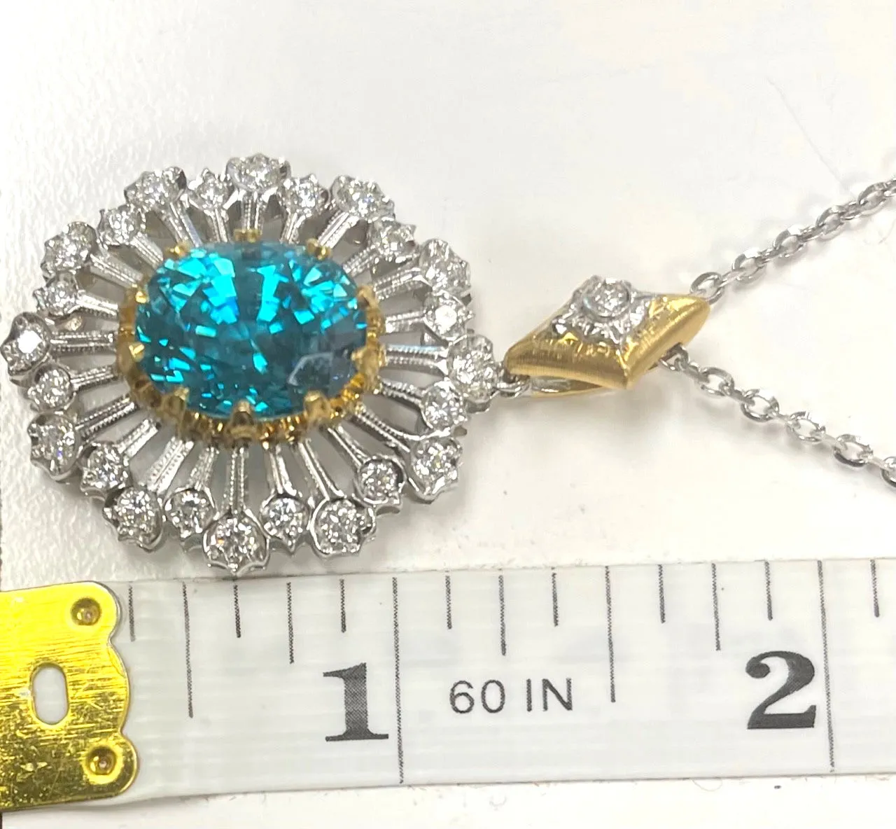 13.12 Carat Blue Zircon and Diamond 18k White and Yellow Gold Pendant Necklace