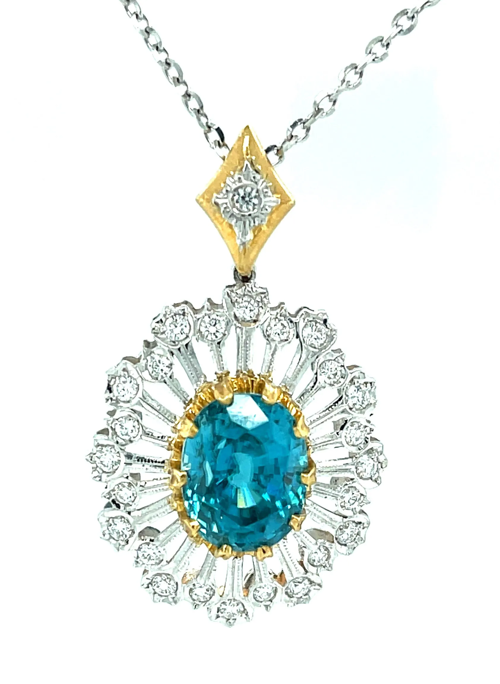 13.12 Carat Blue Zircon and Diamond 18k White and Yellow Gold Pendant Necklace