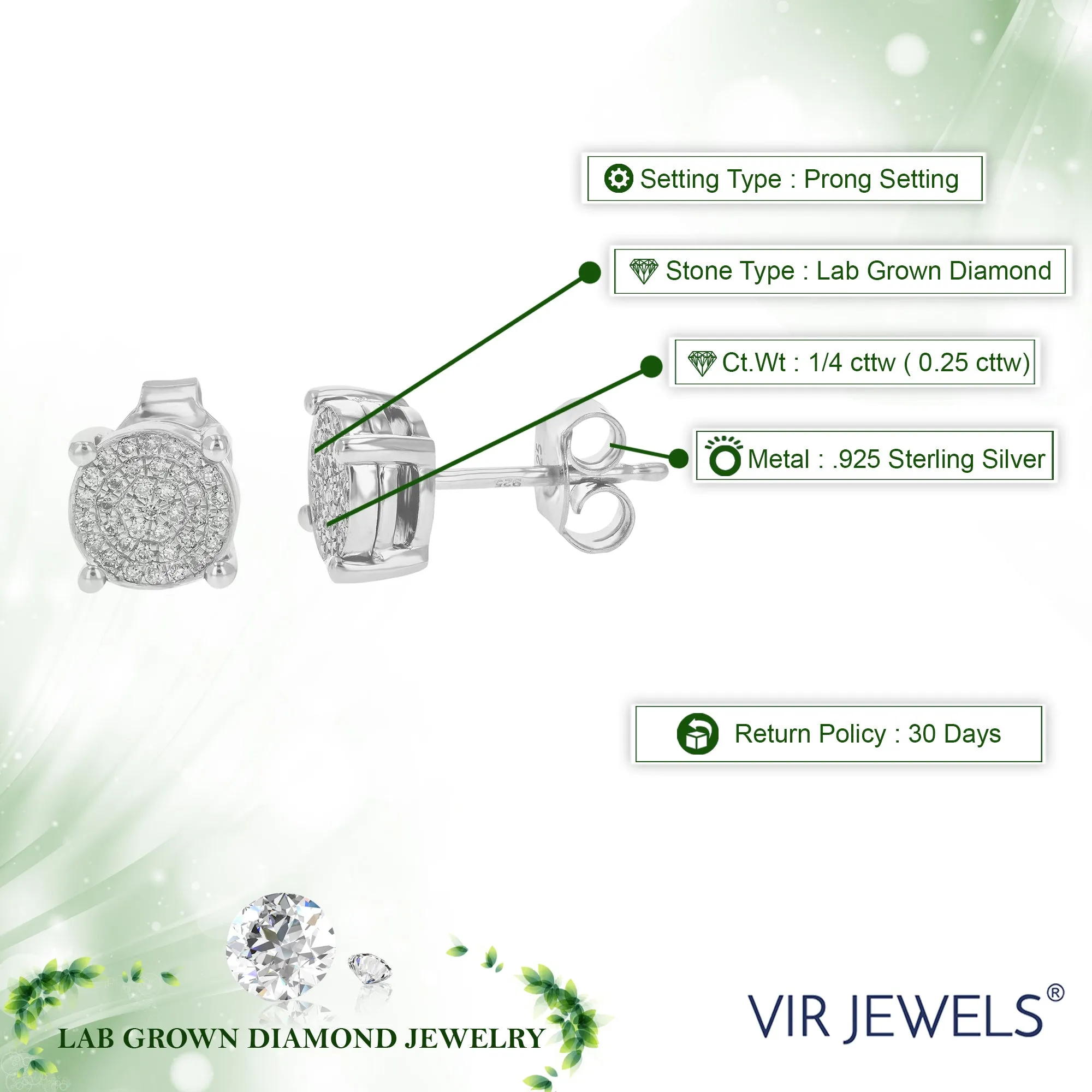 1/4 cttw Lab Grown Cluster Diamond Stud Earrings Sterling Silver
