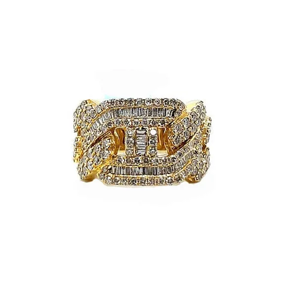 14K Gold Cuban Gucci Link Baguette & Round 3.27CT Natural Diamonds Ring - SR13855