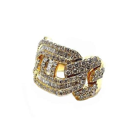 14K Gold Cuban Gucci Link Baguette & Round 3.27CT Natural Diamonds Ring - SR13855