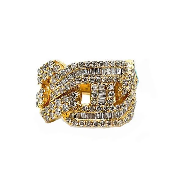 14K Gold Cuban Gucci Link Baguette & Round 3.27CT Natural Diamonds Ring - SR13855