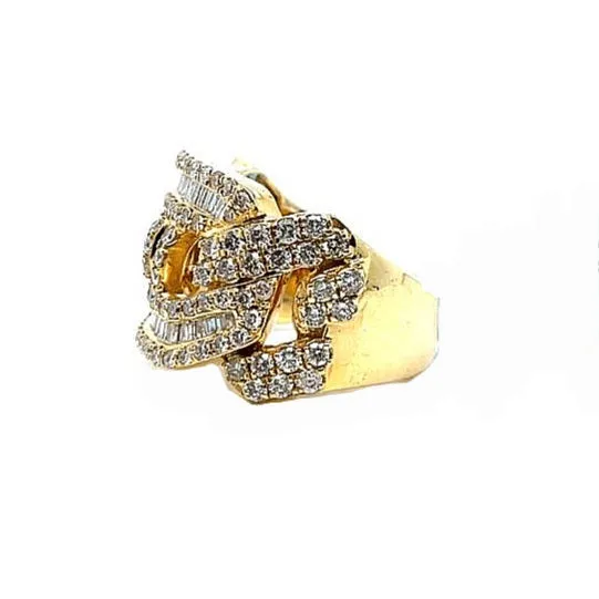 14K Gold Cuban Gucci Link Baguette & Round 3.27CT Natural Diamonds Ring - SR13855