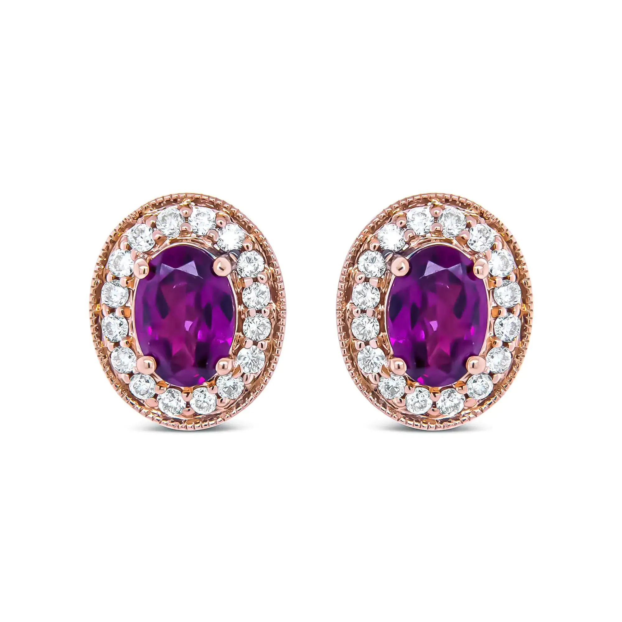 14K Rose Gold 7x5mm Oval Cut Garnet and 3/8 Cttw Round Diamond Halo Stud Earrings (G-H Color, SI1-SI2 Clarity)