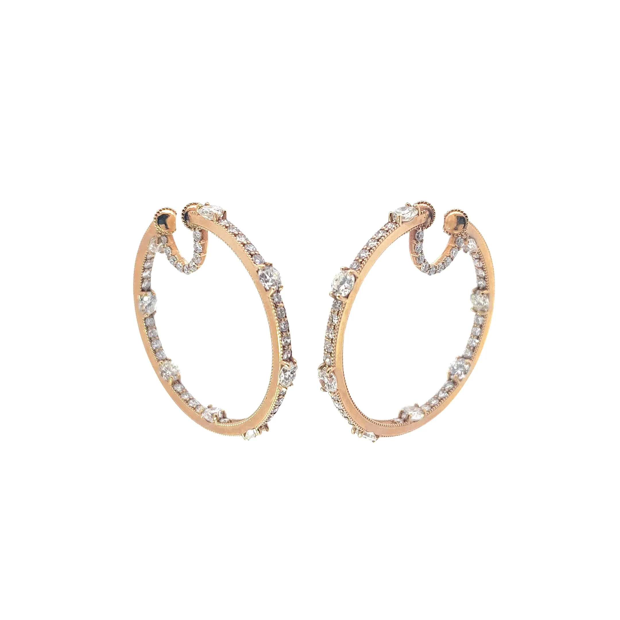 14k Rose Gold 8.00ct G VS2 Round Diamond Inside / Outside Hoop Earrings
