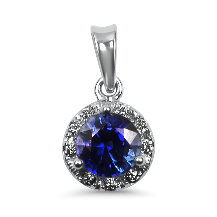14k White Gold Sapphire and Diamond Halo Pendant