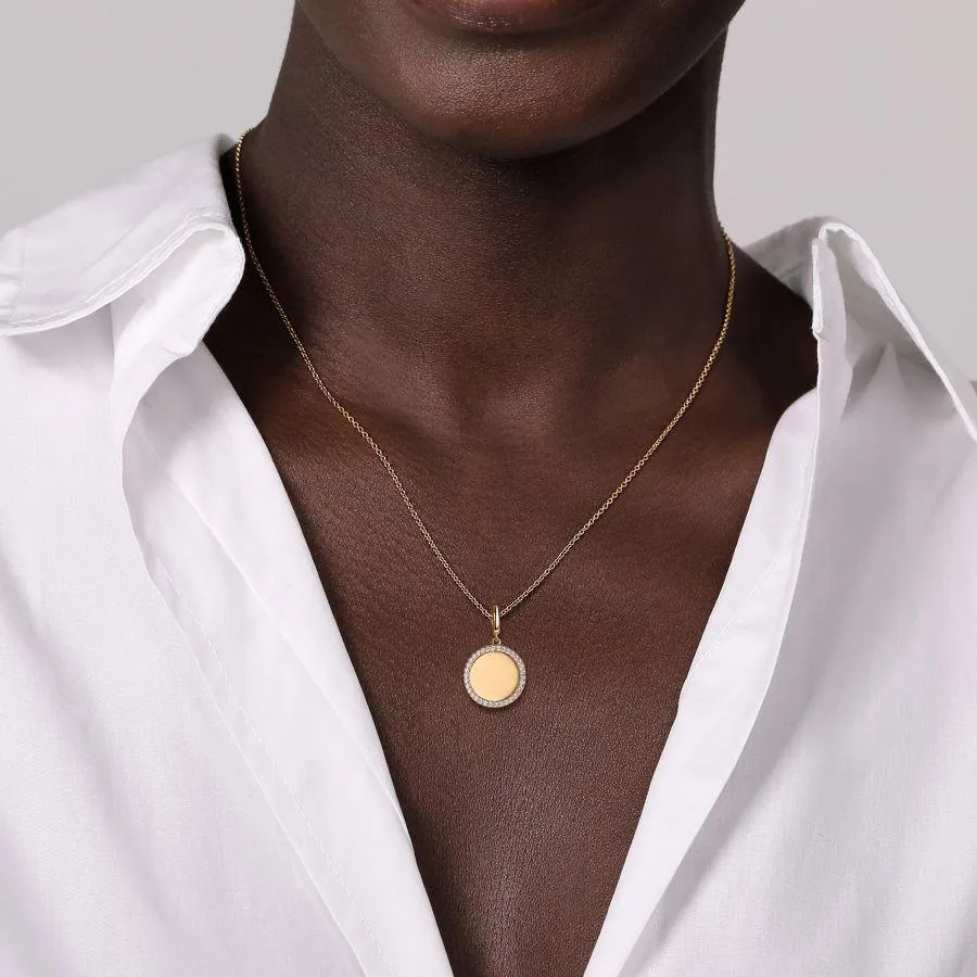 14K Yellow Gold Diamond 18mm Round Medallion Personalized Pendant