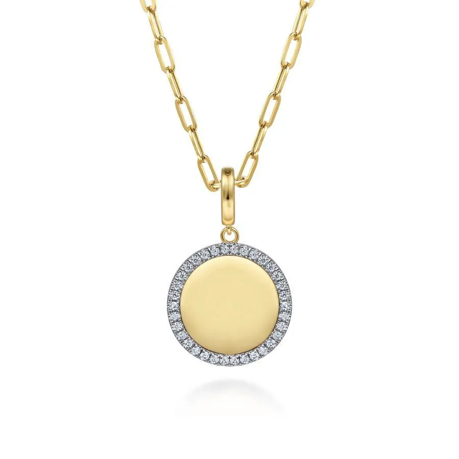 14K Yellow Gold Diamond 18mm Round Medallion Personalized Pendant