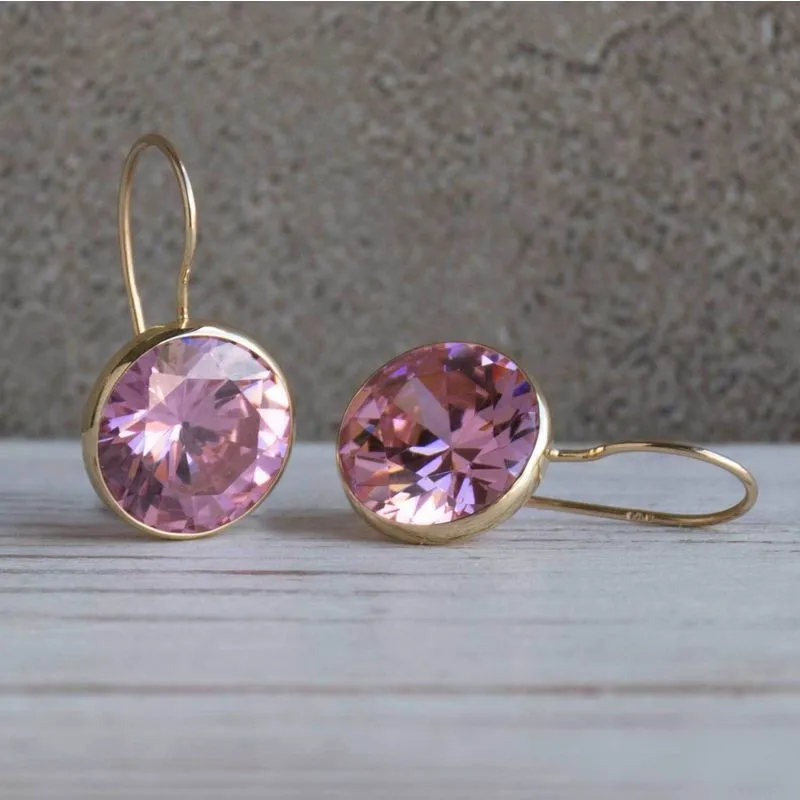 14K Yellow Gold Large Pink Cubic Zirconia 12mm Dangle Earrings