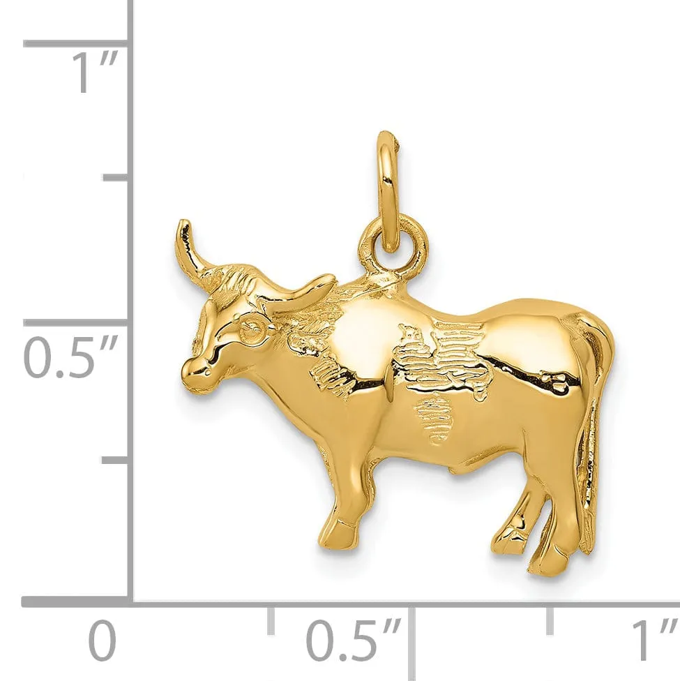 14k Yellow Gold Open Back Textured Polished Finish Steer Charm Pendant