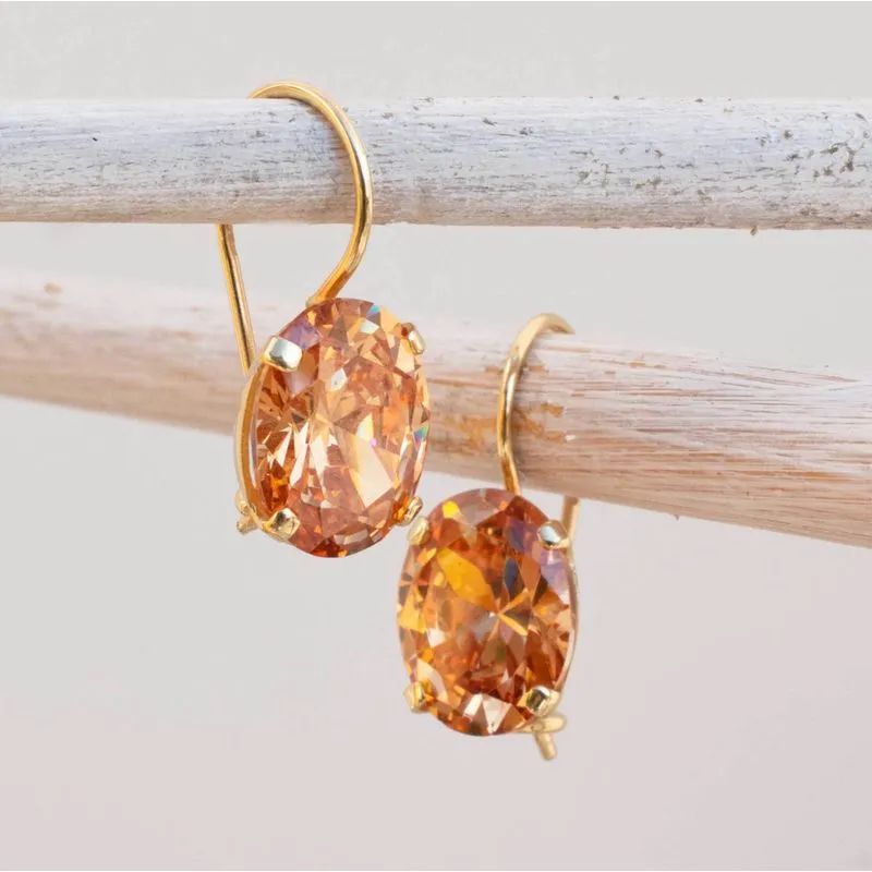 14K Yellow Gold Oval Orange Orange Cz 8X10mm Dangle Earrings