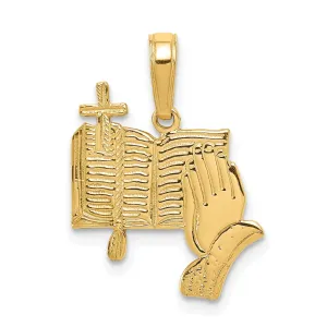 14K Yellow Gold Polished Texture Bible Praying Hands,and Cross Pendant