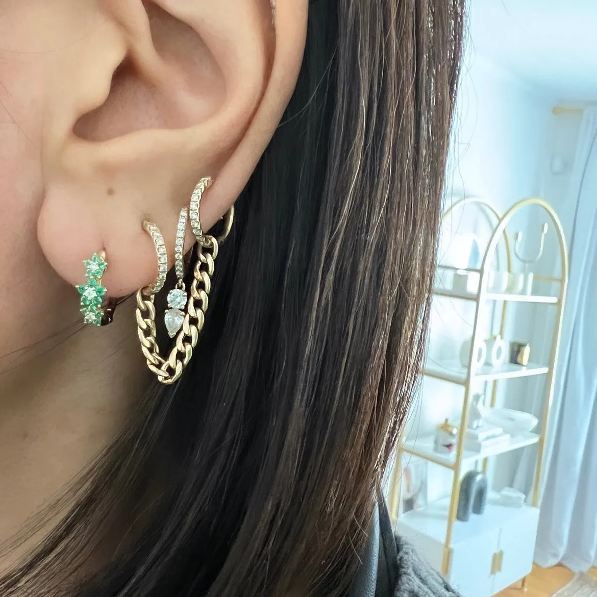 14KT Gold Diamond Huggie Earrings on Chain