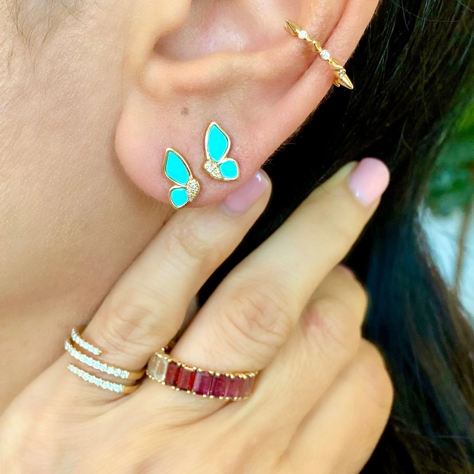 14KT Gold Diamond Turquoise Butterfly Earrings