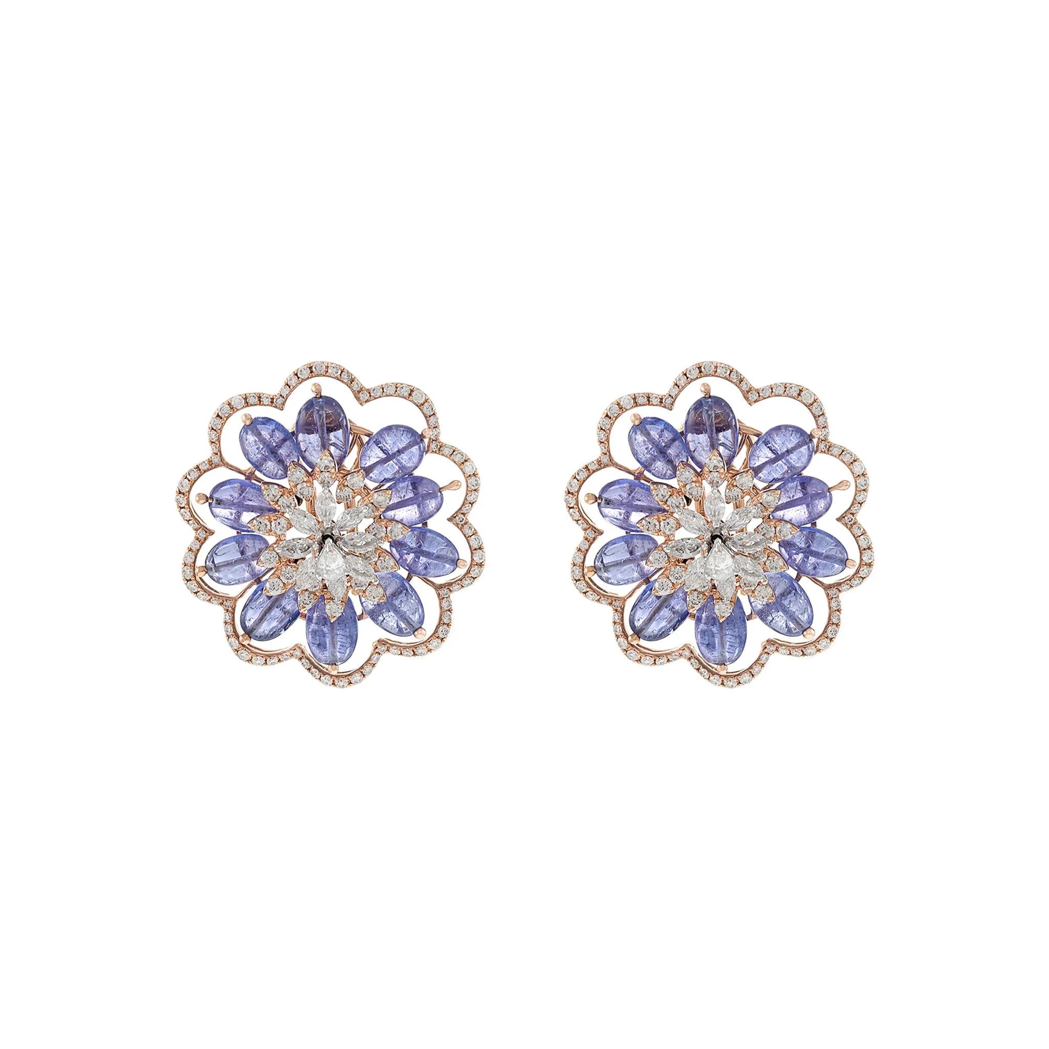 14KT Rose Gold Blue Tanzanite And Diamond Flower Earrings