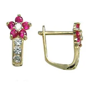 14kt Yellow Gold Dark Pink and Clear Cubic Zirconia Flower Earrings