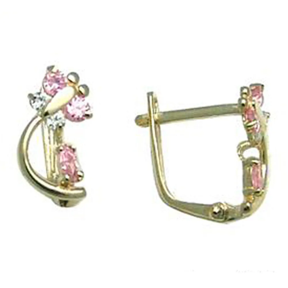 14kt Yellow Gold Pink and Clear Cubic Zirconia Dragonfly Earrings