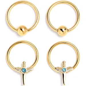 16 Gauge 3/8 Blue Gem Gold Tone Style Knife BCR Captive Ring Set of 4