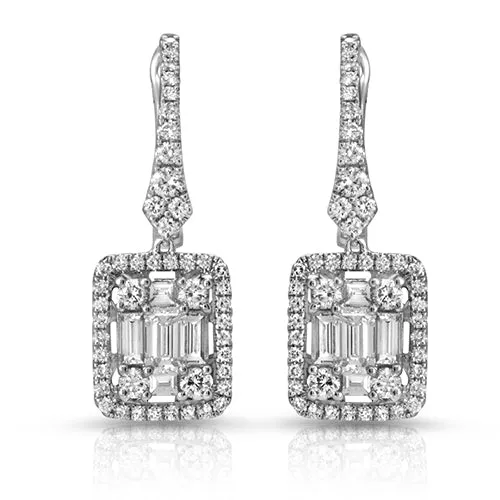 1.77 ct.  Baguette Halo Diamond Dangling Earrings in 18k Gold