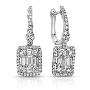 1.77 ct.  Baguette Halo Diamond Dangling Earrings in 18k Gold