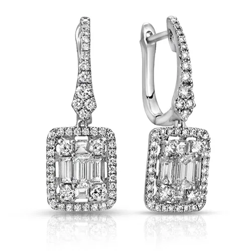 1.77 ct.  Baguette Halo Diamond Dangling Earrings in 18k Gold