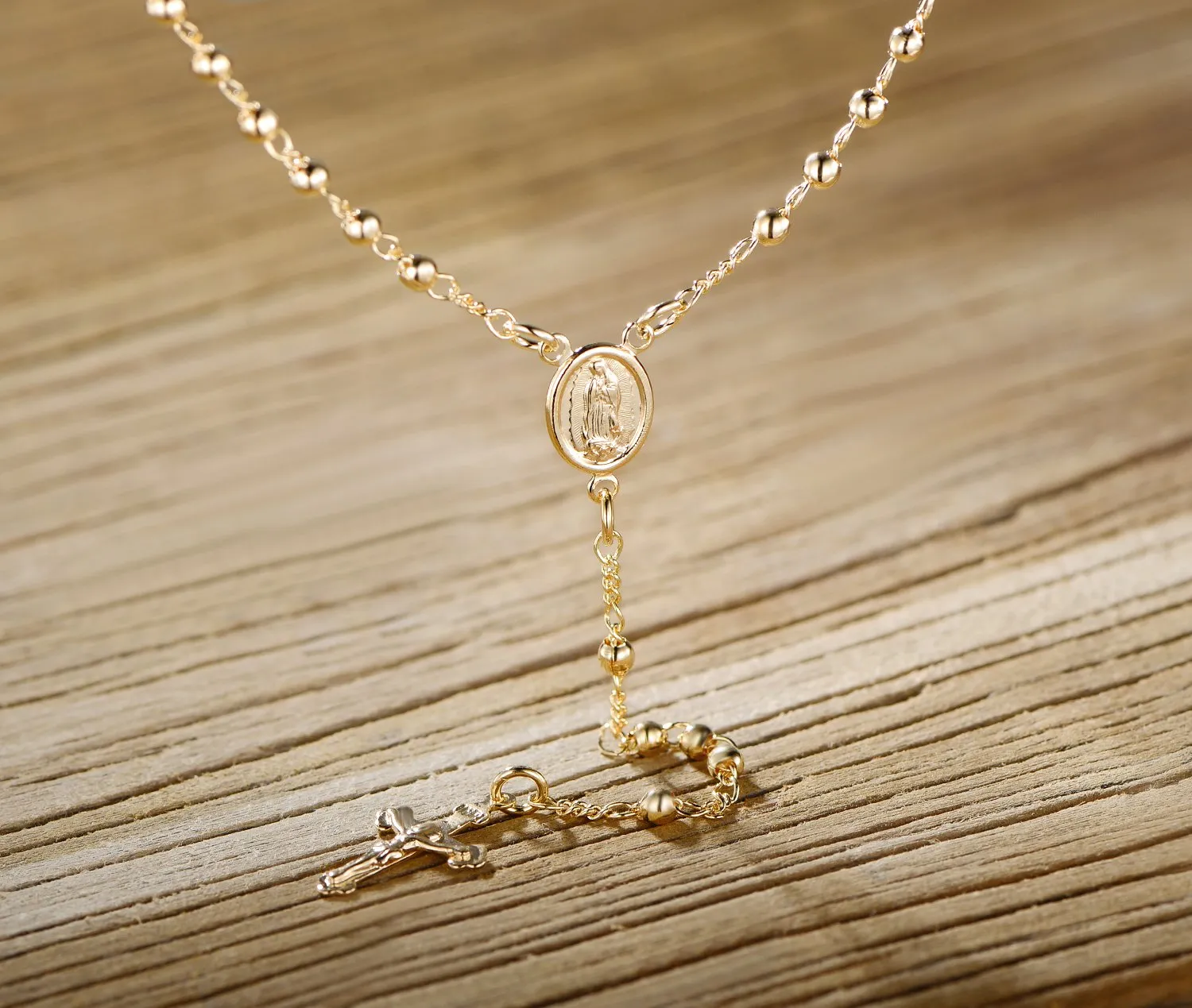18K Gold Plated Virgin Mary Rosary Bead Cross Necklace