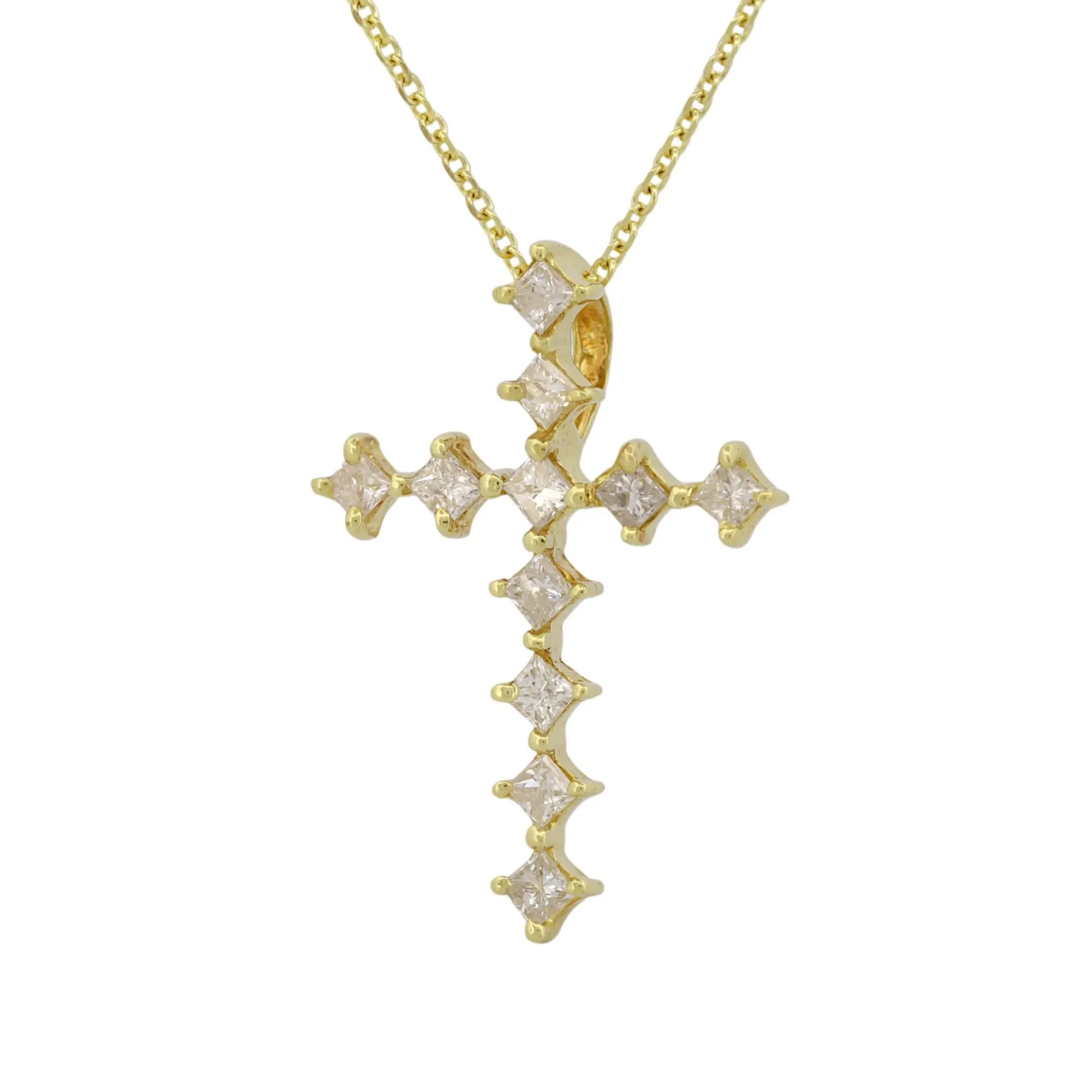 18k Gold Princess-Cut Diamond Cross Pendant Necklace