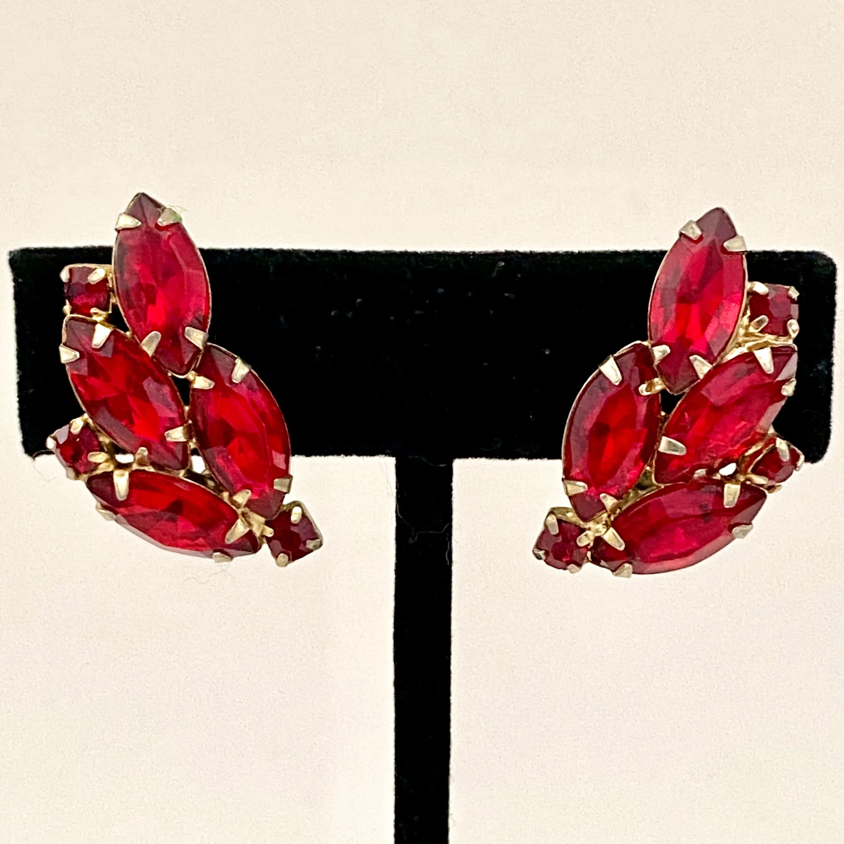 1950s Crescent Shape Red Rhinestone Earrings