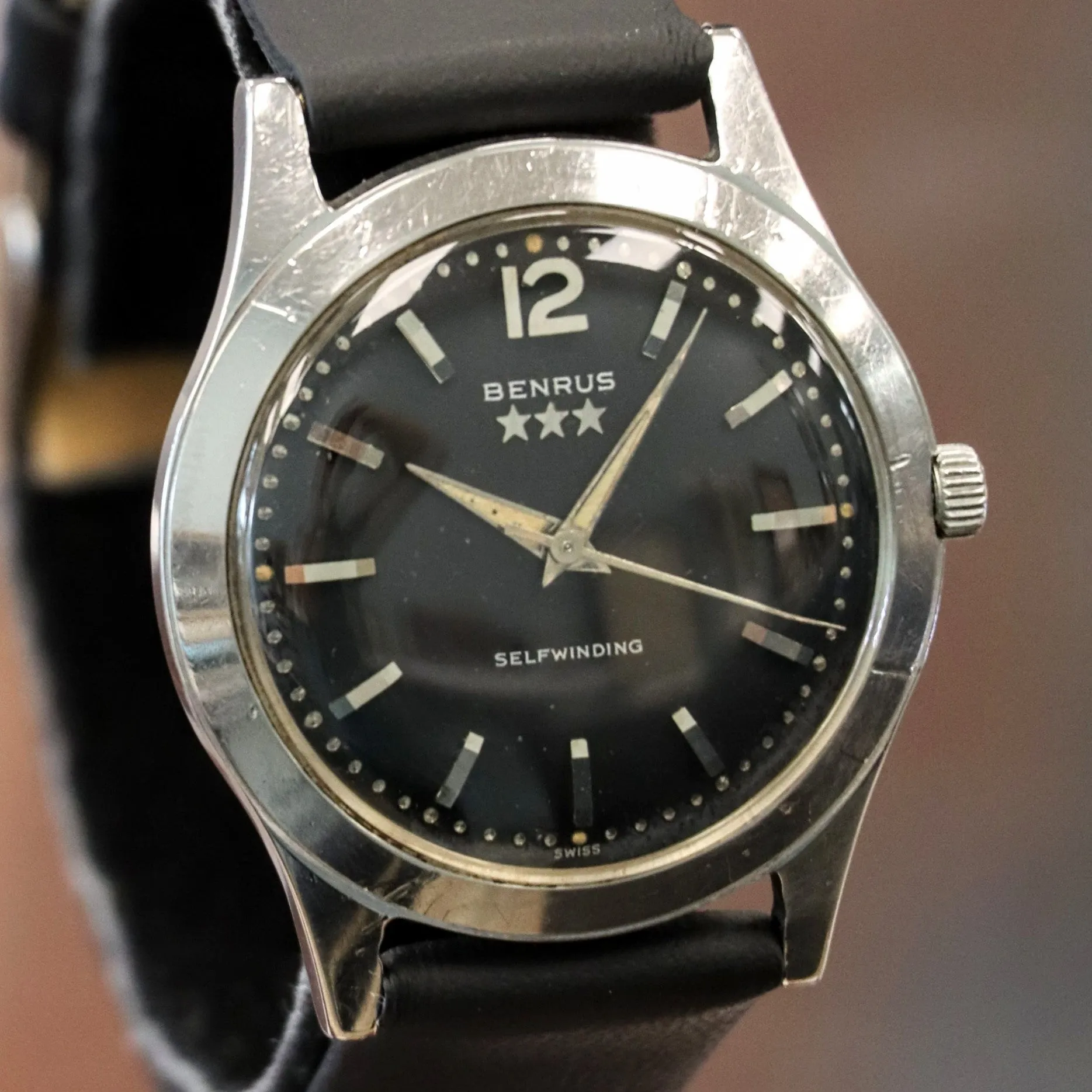 1960s BENRUS 3-Star Self-Winding Watch 17 Jewels Black Dial Model FE 235 - Series #7035