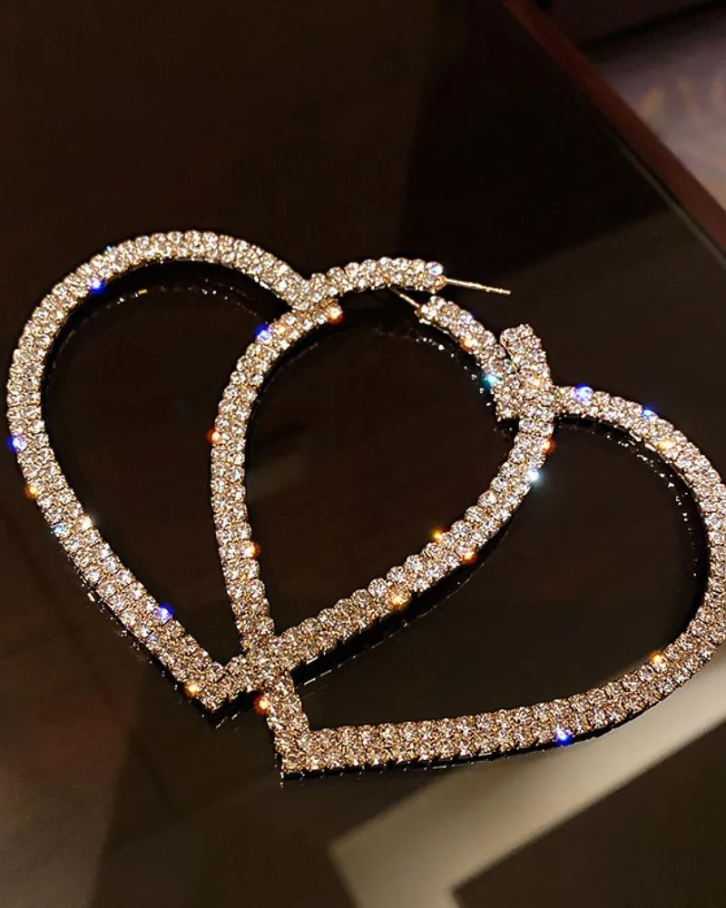 1Pair Allover Rhinestone Heart Shaped Hoop Earrings