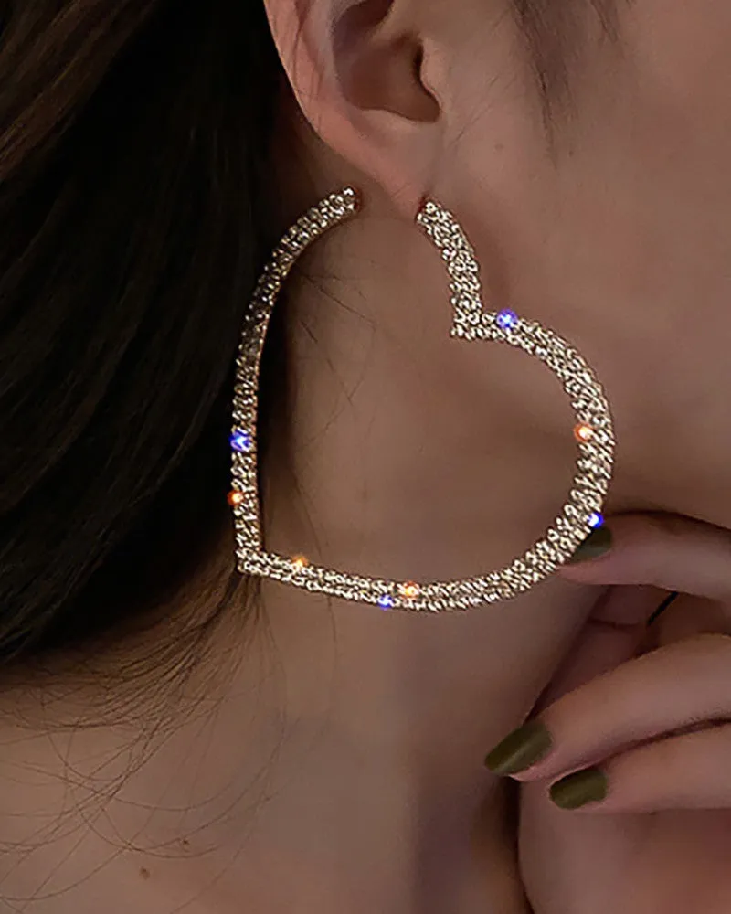 1Pair Allover Rhinestone Heart Shaped Hoop Earrings