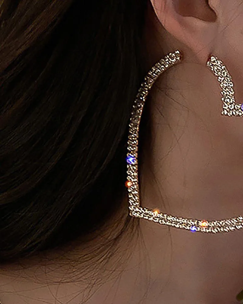 1Pair Allover Rhinestone Heart Shaped Hoop Earrings