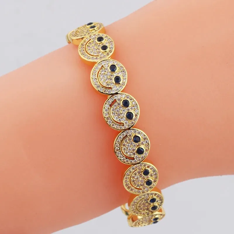 2023 New Simple Smile Smiley Bracelet Copper Gold Plated Cubic Zirconia Round Smile Cuff Bracelet Women's Classic Party Gift
