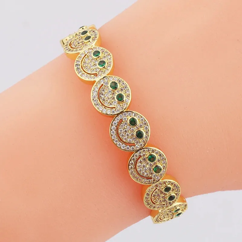 2023 New Simple Smile Smiley Bracelet Copper Gold Plated Cubic Zirconia Round Smile Cuff Bracelet Women's Classic Party Gift