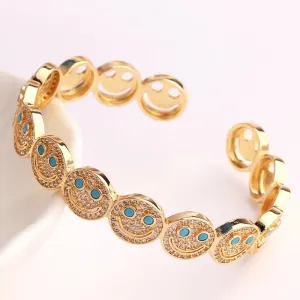 2023 New Simple Smile Smiley Bracelet Copper Gold Plated Cubic Zirconia Round Smile Cuff Bracelet Women's Classic Party Gift
